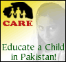 Yellow background with black silhouette of figures under 'CARE' text; two versions show different green and orange promotional messages about educating a child in Pakistan for $6 monthly.