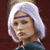 Pixelated image of a person with short white hair wearing a purple headband and dark blue clothing against a dark red background.