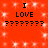 Red background with white sparkles; two identical each show "I LOVE ????????" in black pixelated text