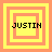 Four identical pixelated squares with yellow and orange borders, each containing the text "JUSTIN" in black pixelated font.