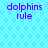 A static digital image with a light blue background patterned with small hexagonal shapes, featuring four identical purple text blocks reading "dolphins rule" arranged in a