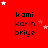 Red background with repeated text 'kami karin briye' and scattered white/pink stars, partially obscured by gray rectangle.