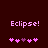 Pixelated text 'Eclipse!' in pink on dark red background with five heart symbols below, two versions showing different heart positions.