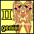 Pixel art buddy icon featuring a mirrored Gemini zodiac symbol with two identical cartoon figures, yellow Roman numeral II, and the word gemini on a pale yellow background.