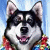 A pixelated buddy icon featuring a smiling husky dog wearing a colorful striped sweater next to the text "SNOW DOGS" in blocky blue and white lettering against a light blue background.
