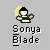 Pixelated character with yellow hair and green shirt holding golden object, below text 'Sonya Blade' on gray background.