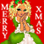Pixelated image of a blonde woman in green and white dress with hands clasped, red background, "MERRY" and "XMAS" text on sides