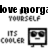 Black-and-white pixelated image with text 'love morgan yourself' and 'its cooler', featuring a square cartoon face icon on the right.