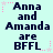 Light cyan background with dark blue text reading "Anna and Amanda are BFFL" repeated in a , surrounded by pink star and dotted line decorations