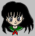 Four pixelated anime-style character head portraits with black hair, green collars, and red bows arranged in a on gray background