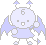Pixel art contact sheet showing two frames of a light blue cartoon character with wings and the number 6 on its head, holding a white sphere against a gray background with small clouds.