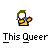 Pixelated character with green hair and yellow shirt holding a purple object, displayed in three variations with text below reading "This Queer" and a green octagonal symbol with "SKOAL" text.