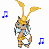 Five cartoon-style creatures with rabbit-like ears and musical notes, each in distinct color variations including brown, blue, green, purple, and pink.