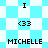 Pixelated icon with alternating light blue and white backgrounds, displaying text elements 'I', '<33', and 'MICHELLE' in black block letters.