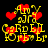Pixelated yellow text and red hearts on black background, animated with heart movement and text glow effects.