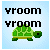 Pixelated green turtle with black text 'yroom yroom' above it on light blue background, transitioning to scattered gray pixels.