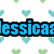 Pixelated blue text 'jessica' with black outline on white background, surrounded by light blue and green heart shapes.