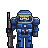 Pixel art of a blue armored figure holding a purple rifle, standing against gray background.