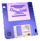 identical blue floppy disk icons with 'Download' text on a light purple label, each featuring a blue square and small text on a beige section