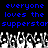 Blue pixelated text repeats 'everyone loves the supperstar' over a black background with white and gray pixelated crowd hands below.