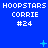Blue background with repeated white text 'HOOPSTARS CORRIE #24' in three , plus scattered cyan and light blue pixelated symbols