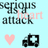 Pixelated icon with light blue background, black text 'serious attack', pink heart symbol, and ambulance graphic.