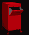 Red cabinet with patterned surface and open drawer, showing white papers inside, on black background.