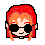 Pixel art avatar with red hair and black sunglasses showing five sequential facial expressions on a gray background.