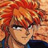 Pixelated anime-style character with spiky red hair, dark eyes, and a neutral expression wearing a dark blue garment against a warm-toned background.