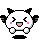Pixelated character with white face, black ears and wings, pink cheeks, and open mouth on gray background.
