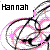 Pixelated icon with 'Hannah' text above abstract pink and black line art on white background.