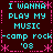 Pixelated text displays 'I WANNA PLAY MY MUSIC -camp rock '03' in cyan with pink accents on a dark background, repeated across four quadrants.