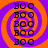 four identical showing repeated 'BOO' text over a purple and orange spiral background with pixelated lettering