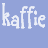 Pixelated blue background with white text 'kaffie kaffie' and a small dark blue flower symbol below the right word.