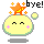 Pixelated yellow character with closed eyes and pink cheek marks, topped by an orange star with yellow accents; text 'bye!' appears above left character.