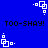 Blue background with white pixelated shapes and black text reading 'TOO-SHAY! TOO-SHAY!' in two , animated rotation of corner elements