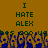 Brown background with green text reading "I HATE ALEX" repeated twice, and a distorted pixelated pattern below.