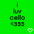 Green background with repeated text "i luv cello <333" and white heart/arrow symbols in a