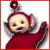 Pixelated red character with antenna, raised arm, and smiling expression against white background with red border.