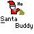 Pixelated Santa Buddy icon with red hat, gray beard, red coat, green sack, and 'Ho' text above; three views show slight head position differences.