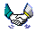 Pixelated cartoon chicken with teal and blue accents, white body, gray wings, yellow beak band, and small blue feet on light gray background.
