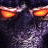 Pixelated close-up of glowing orange eyes with white highlights against a dark, blurred background of purple and blue tones.
