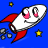 Pixelated cartoon rocket with a smiling face, red fins, and exhaust smoke against a blue background with yellow stars.