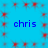 Blue background with red starburst patterns and four instances of the text 'chris' in blue lowercase letters.