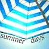 Blue and white striped beach umbrellas repeat in a pattern with 'summer days' text below each umbrella