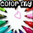 Colorful pencil icons arranged in a circular pattern around pink heart outlines with 'COLOR MY WORLD' text blocks on black backgrounds.