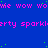 Blue background with repeating pink text 'wow' and 'sparklerty', scattered green dots, gray rectangle in bottom-right corner.