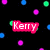 Black background with scattered pink, blue, and green dots; three red rectangular labels with white text reading Kerry, Hannah, and BFLL.
