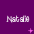 Purple background with repeated 'Natalie' text in white pixelated font and pink star/symbol animations.