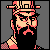 Pixel art character with red and beige tones wearing a hat, holding an object, against gray background.